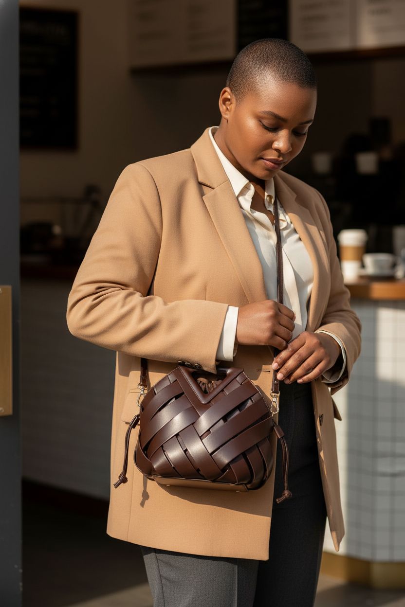 Stylish bucket bag with top handle and drawstring in dark coffee by Twifob, highlighted in a café setting