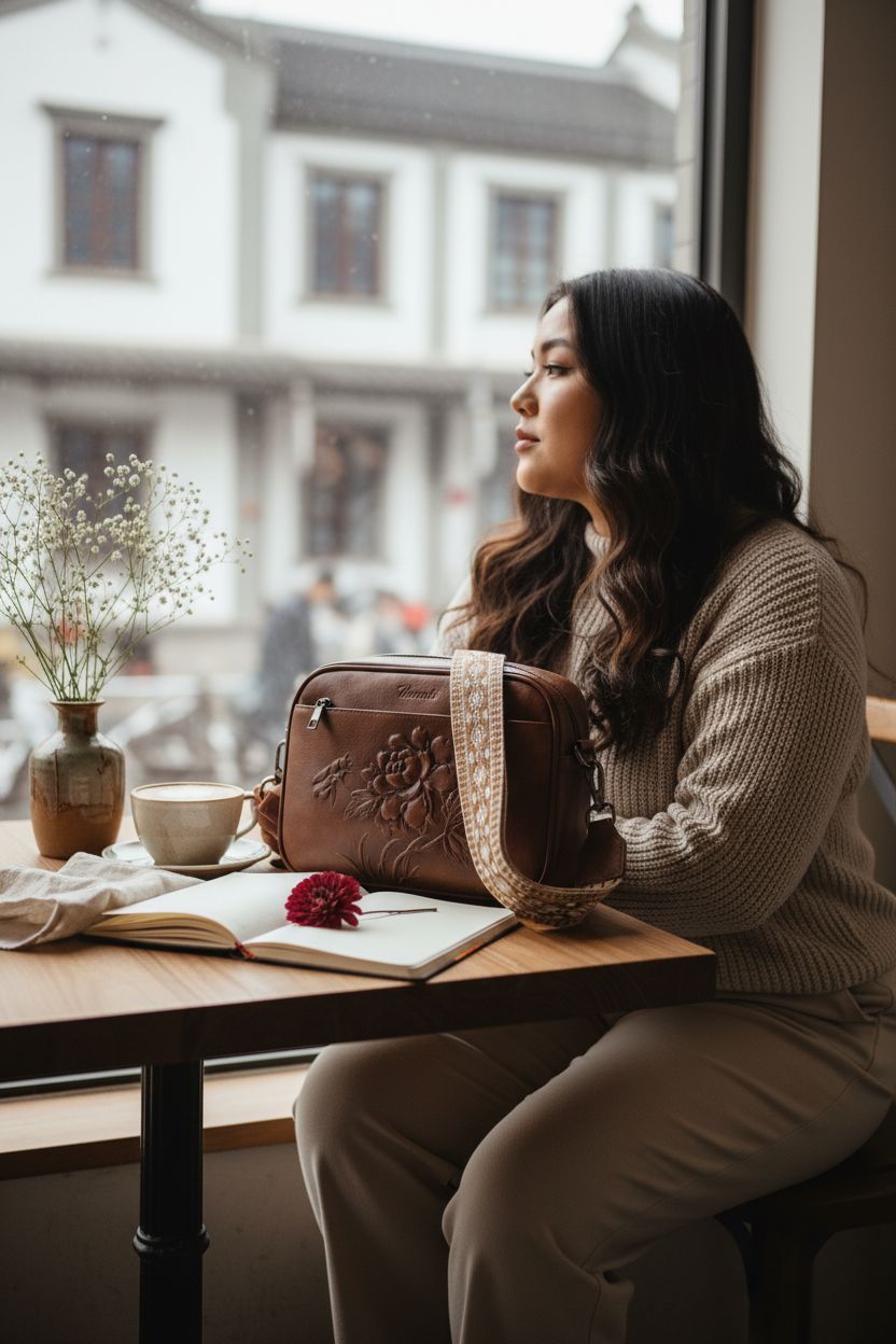 VIMUTI embossed leather crossbody bag resting on a café table beside a cappuccino