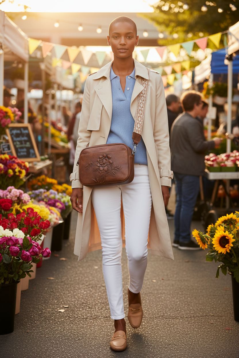 VIMUTI small brown leather crossbody bag worn stylishly in an outdoor market setting