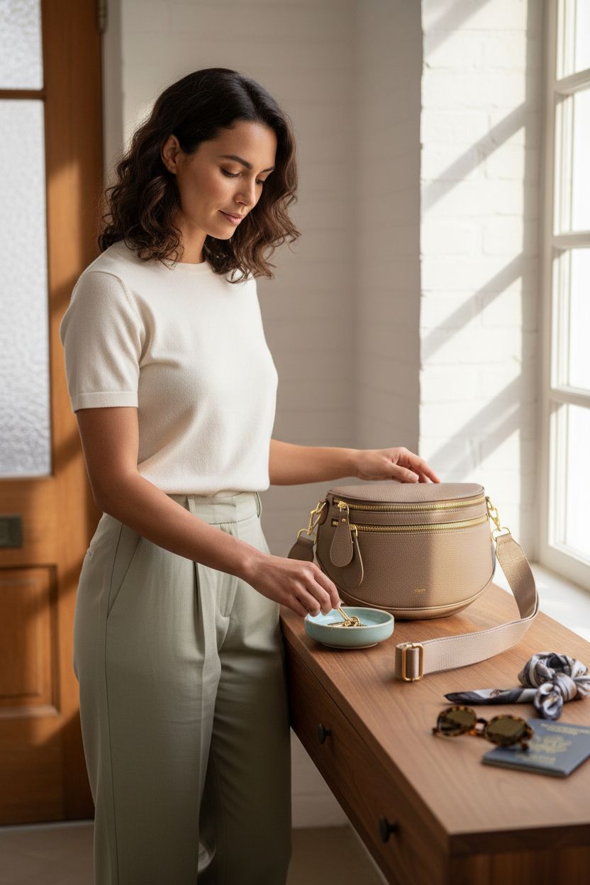 Khaki leather crossbody bag by Kattee on a console, evoking a relaxed morning vibe with essentials.