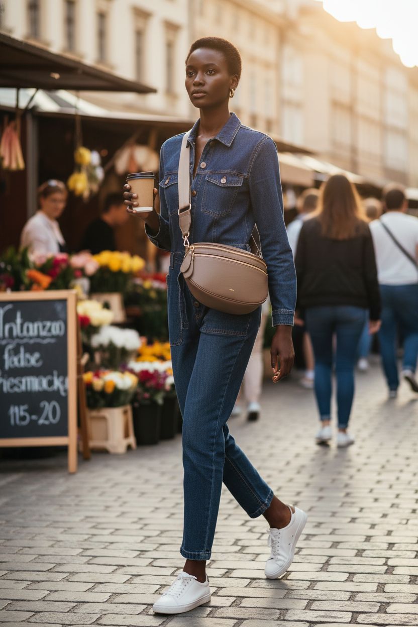 Khaki leather crossbody bag by Kattee, styled with denim jumpsuit in a vibrant market.