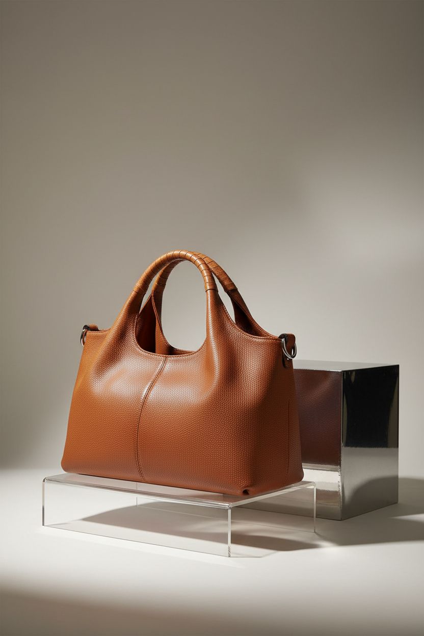 Iswee genuine leather handbag displayed on a clean studio set, highlighting its elegant design.