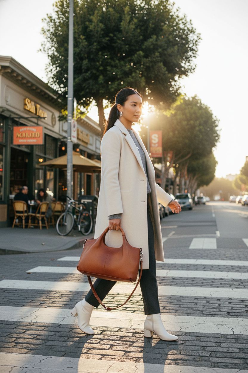 Iswee sorrel leather satchel handbag on cobblestone street, showcasing crossbody versatility.