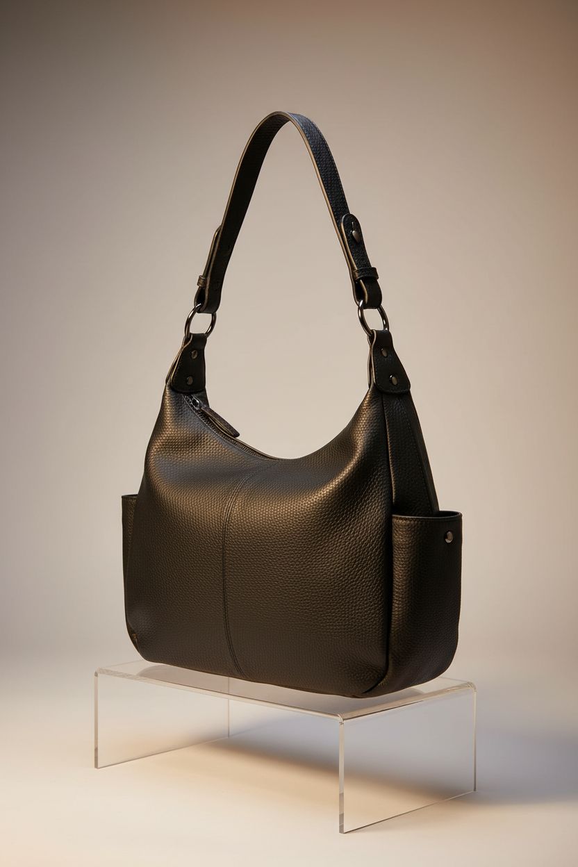 Close-up of a black leather purse highlighting its pebble grain and adjustable straps by Dulcet Project.