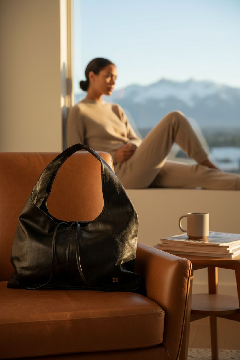 ELLE Slouchy Hobo Bag resting beside a ceramic mug in a cozy living room, exuding relaxed elegance.