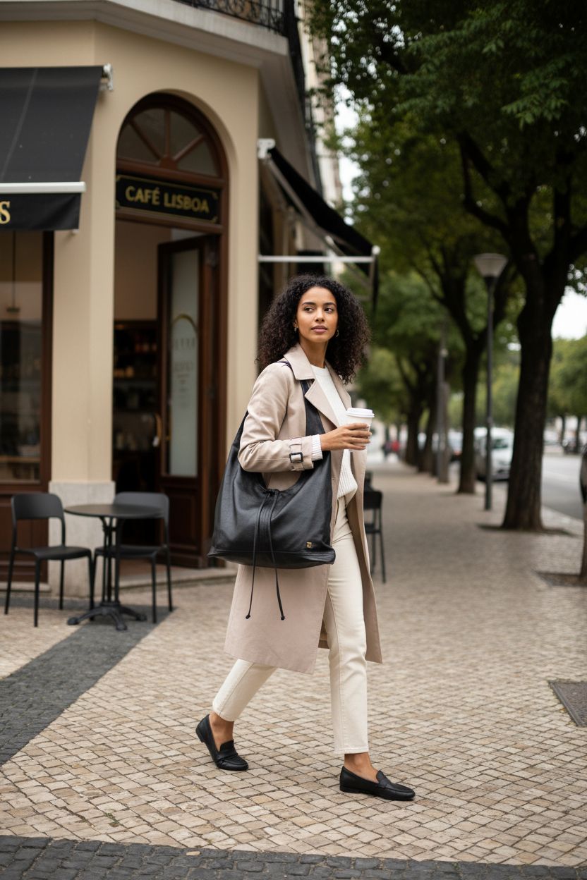 ELLE Slouchy Hobo Bag draped over a shoulder, showcasing soft vegan leather in a lively café scene.