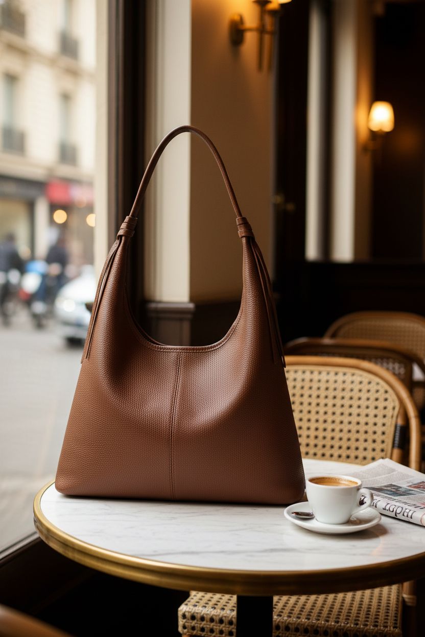 be fen Brown Pebble-Leather Hobo Bag on a cafe table with coffee
