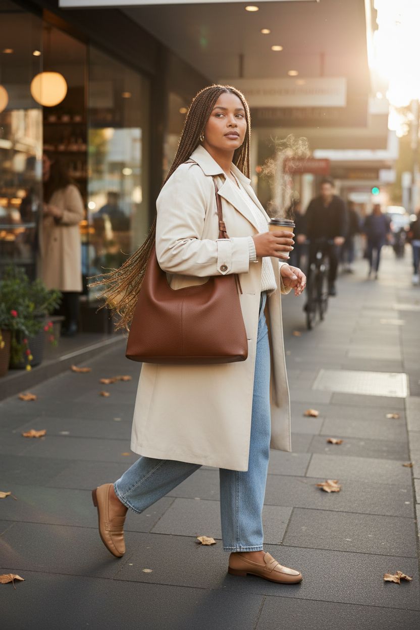 be fen Brown Slouchy Hobo Bag on a sidewalk with coffee and casual attire
