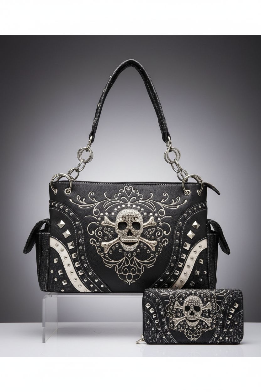 Product shot of WESTERN ORIGIN leather skull purse and wallet on a clean studio set, emphasizing their stylish design.