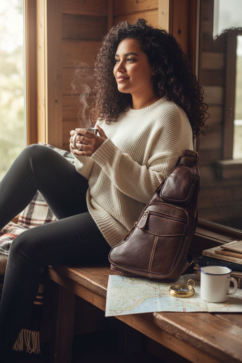 Hebetag leather sling bag resting on a cozy cabin bench with travel essentials