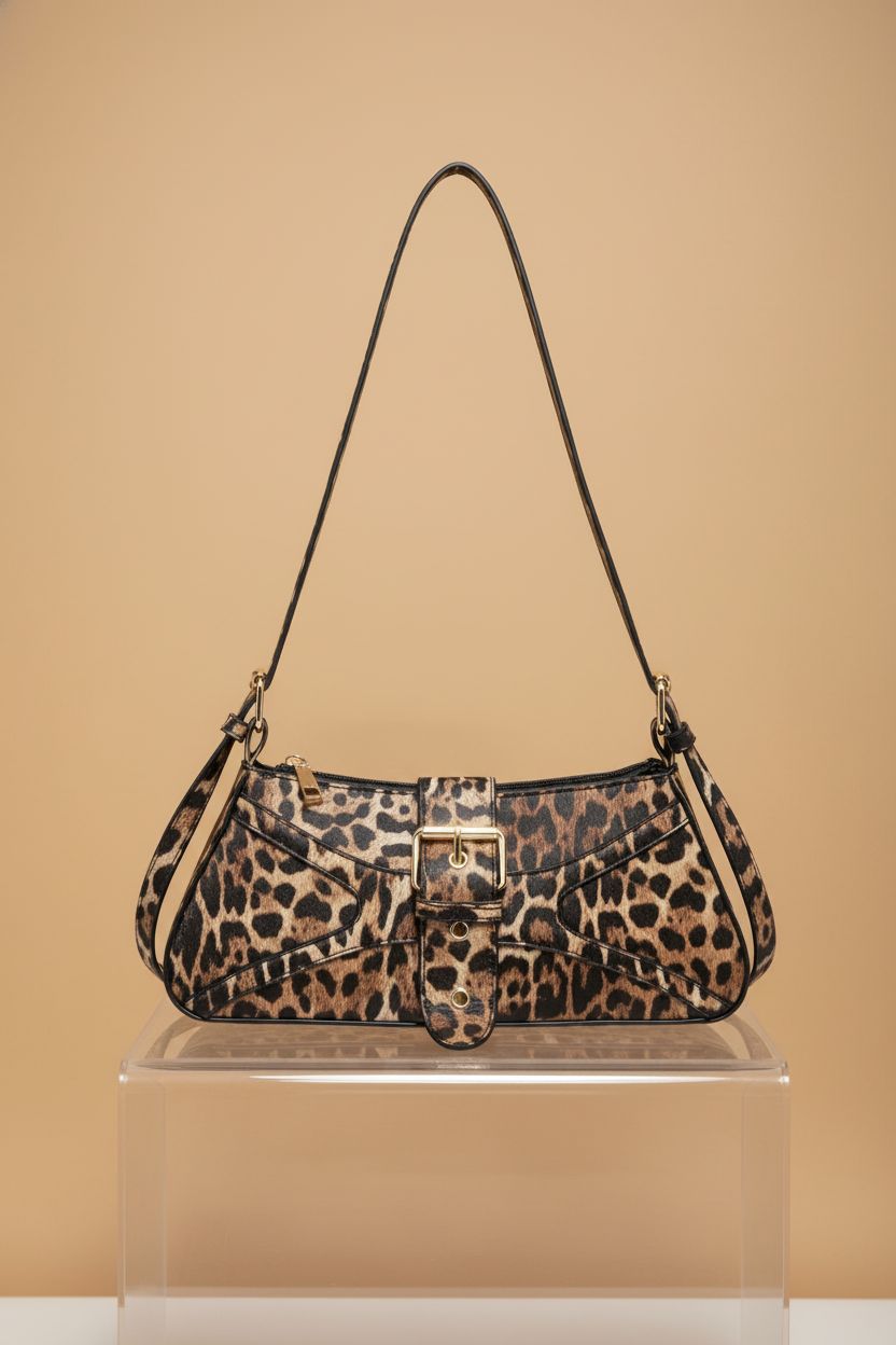 Close-up of Verdusa leopard print shoulder bag highlighting its PU leather design and polished details.