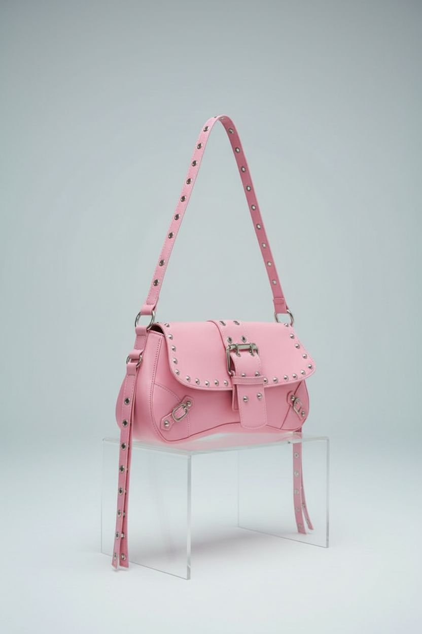 Product shot of Verdusa light pink purse on a minimal riser, highlighting its smooth faux-leather and studs.