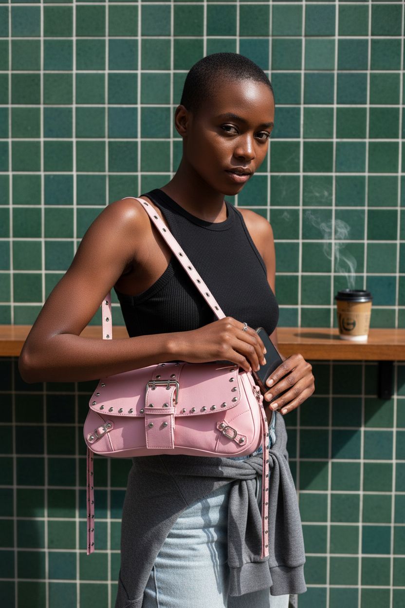 Light pink purse by Verdusa, stylishly held while pulling out a phone, showcasing its trendy design.