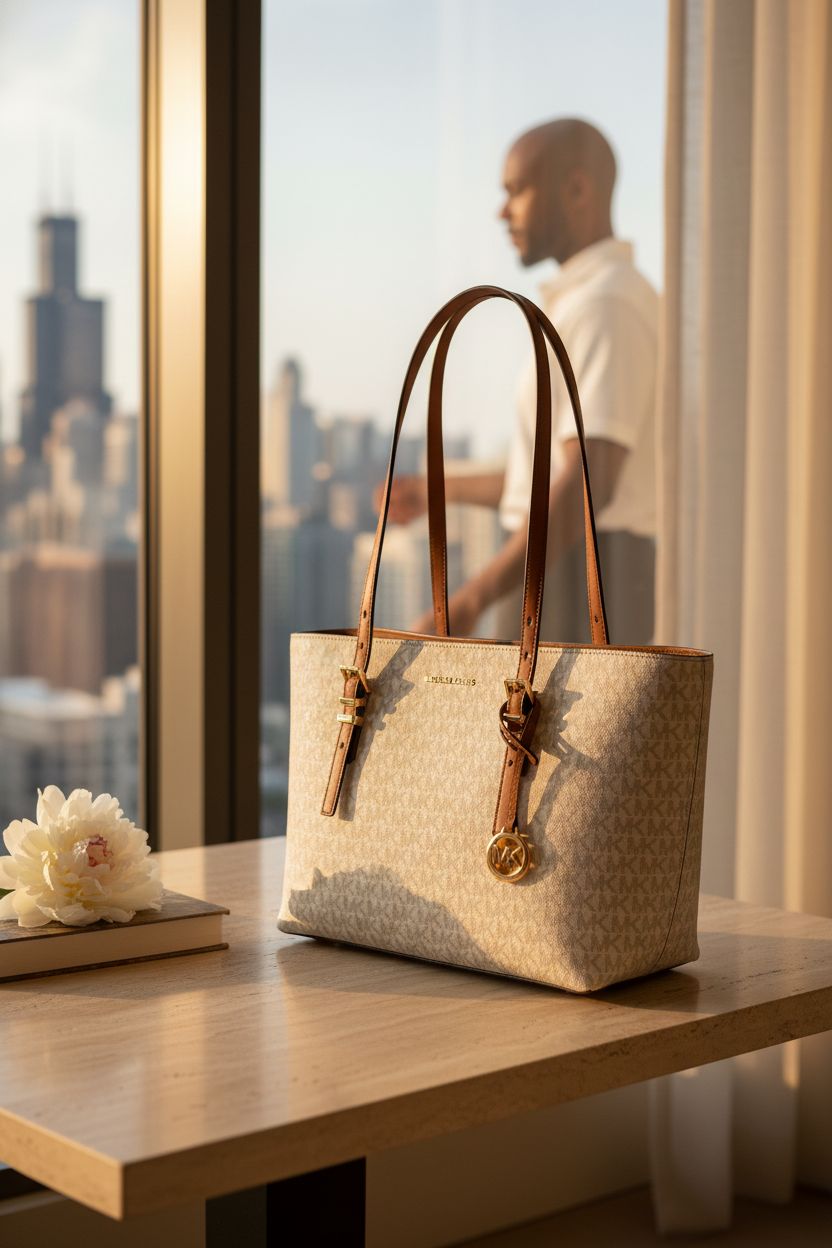 Michael Kors Quinn Medium Tote in Vanilla/Acorn resting on a travertine table with elegant decor.