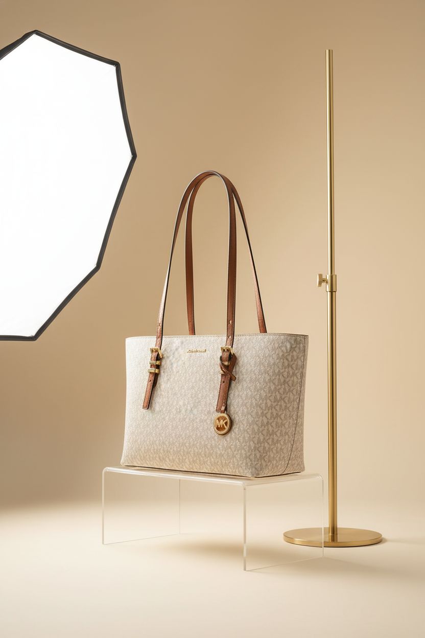 Michael Kors Quinn Medium Tote in Vanilla/Acorn on a seamless studio backdrop showcasing its design.