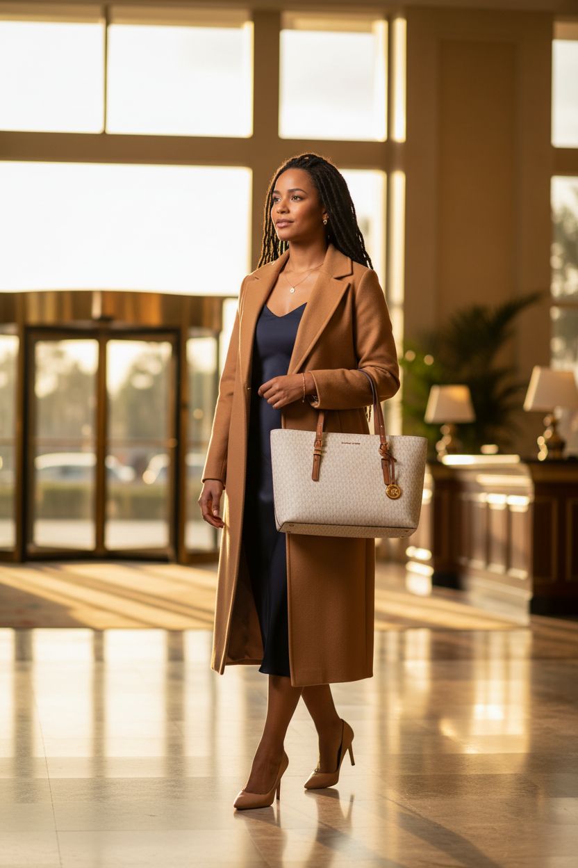 Michael Kors Quinn Medium Tote in Vanilla/Acorn carried through a luxury hotel lobby at golden hour.