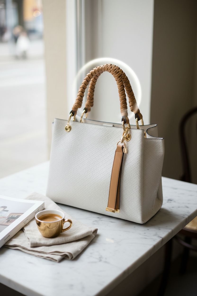 ALDO Women's Gloadithh Tote Bag, bone color, elegantly displayed in a cafe setting.
