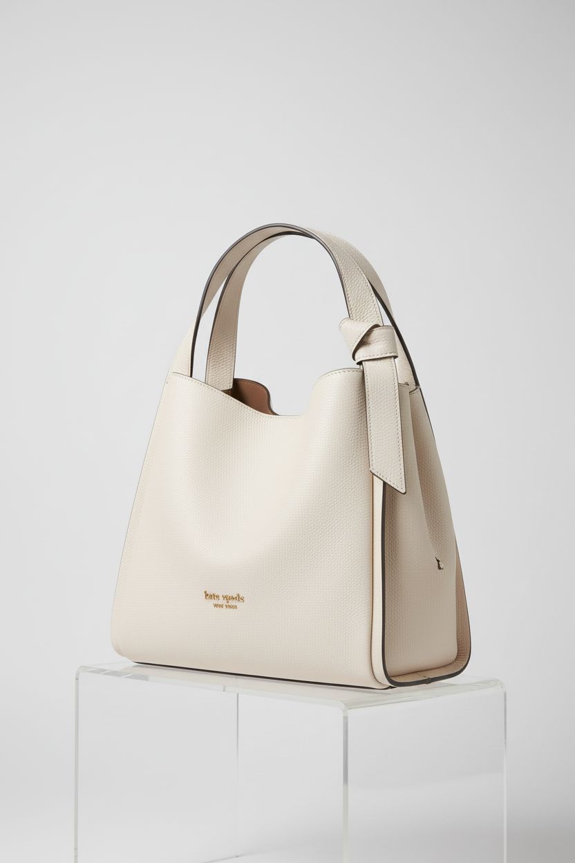Close-up of Kate Spade New York Knott Pebbled Leather Tote in Milk Glass, showcasing quality and design.