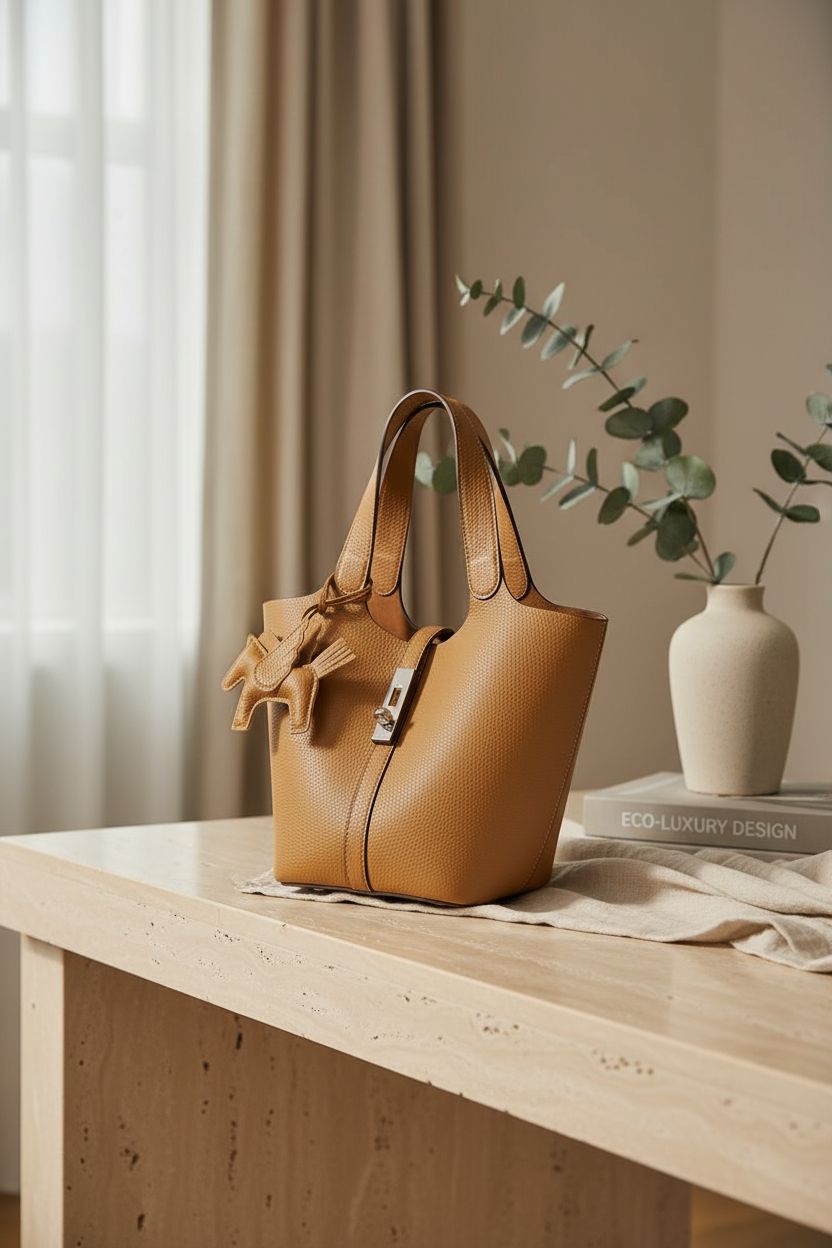 Elegant Kadynow vegan handbag displayed in boutique hotel suite setting