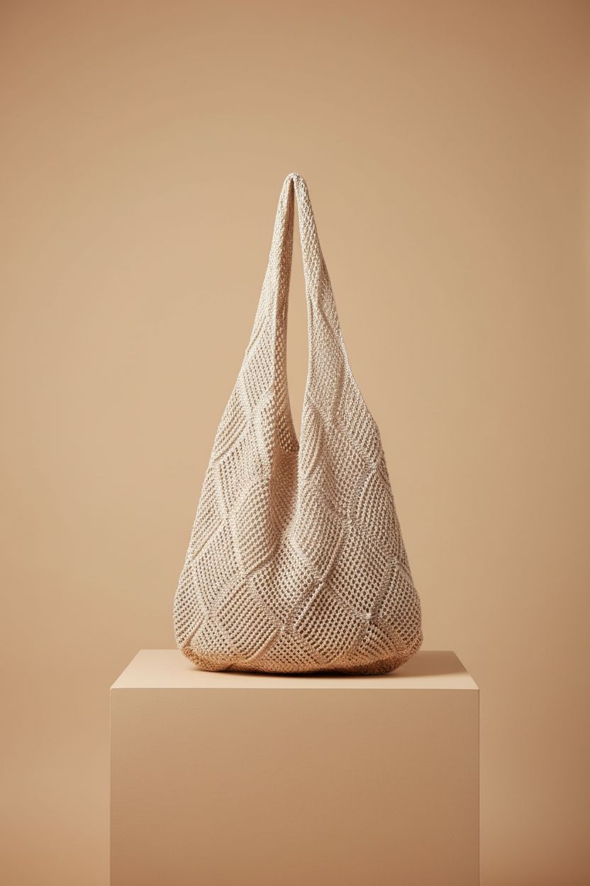 Stizimn macrame beach tote displayed on pedestal, highlighting its elegant design and details.