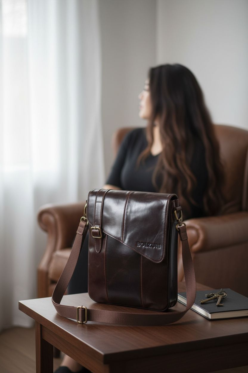 BOLZURI brown leather messenger bag resting beside notebook in a cozy study nook, highlighting its elegant silhouette.