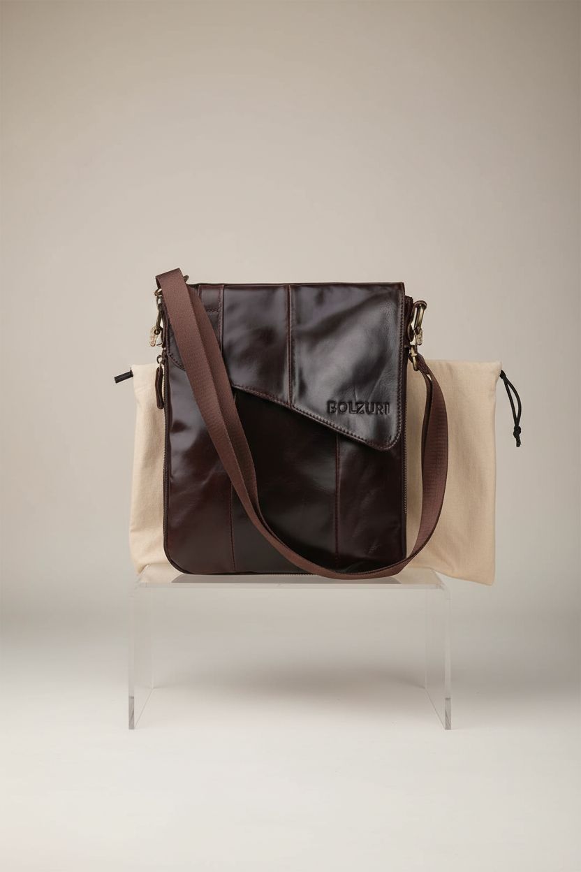 BOLZURI sleek brown leather messenger bag on acrylic riser, showcasing premium craftsmanship and stylish design.