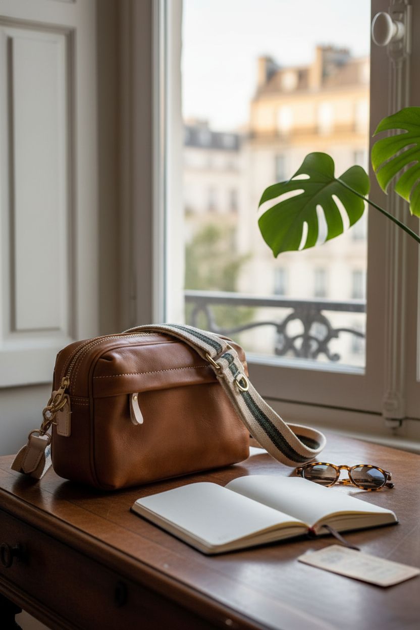 XFYKJIN leather crossbody bag on a walnut desk with plant and vintage items.