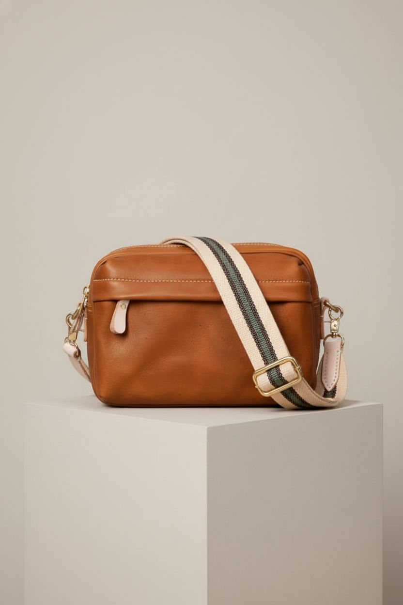 XFYKJIN full-grain leather bag on a minimal studio set showcasing craftsmanship.