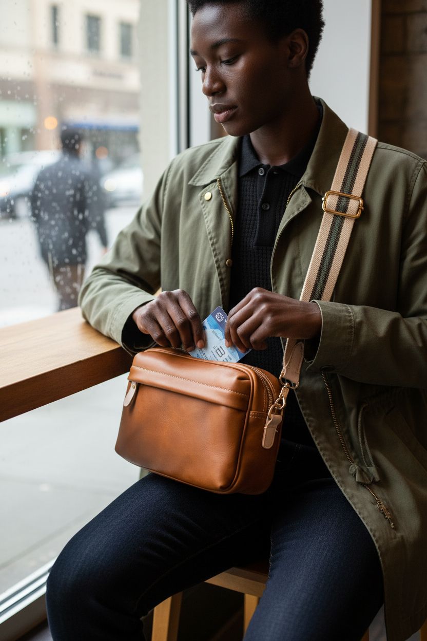 XFYKJIN vintage leather messenger bag showcasing side zip pocket in café ambiance.