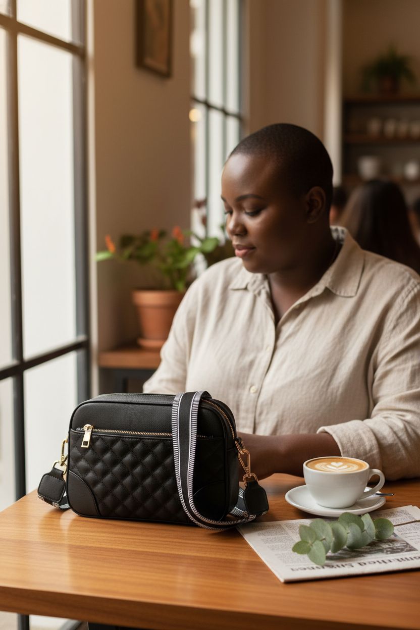 FYY matte black crossbody bag beside a cappuccino, showcasing its elegant design and vegan leather.