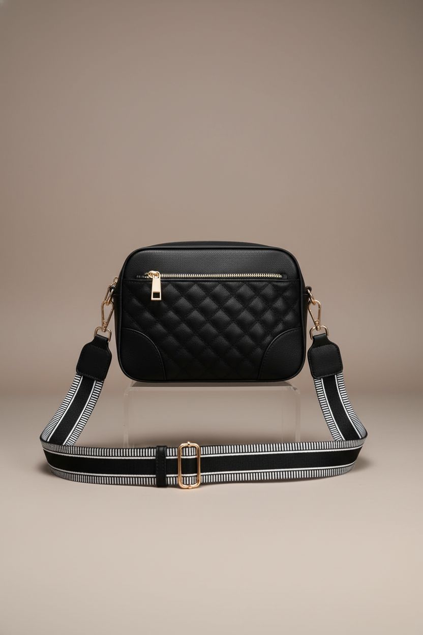 Product image of FYY matte black crossbody bag highlighting its sleek design and premium materials.