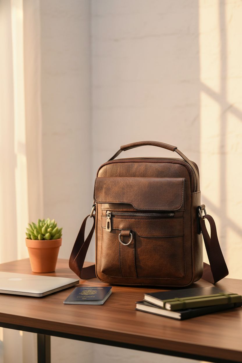 JINGTIANCD vintage leather bag on a walnut desk, ideal for organized work and travel setups.