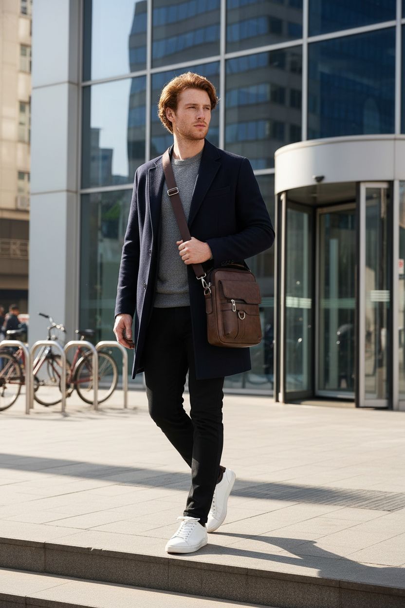 Mens shoulder bag by JINGTIANCD in a sunlit plaza, perfect for office commutes and casual outings.