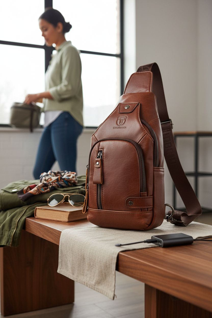 BULLCAPTAIN brown leather sling bag on a bench with travel essentials in a cozy setting