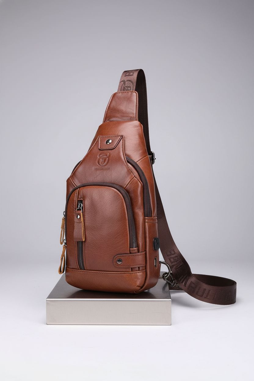 BULLCAPTAIN genuine leather sling bag showcased on a light-grey backdrop with focus on texture