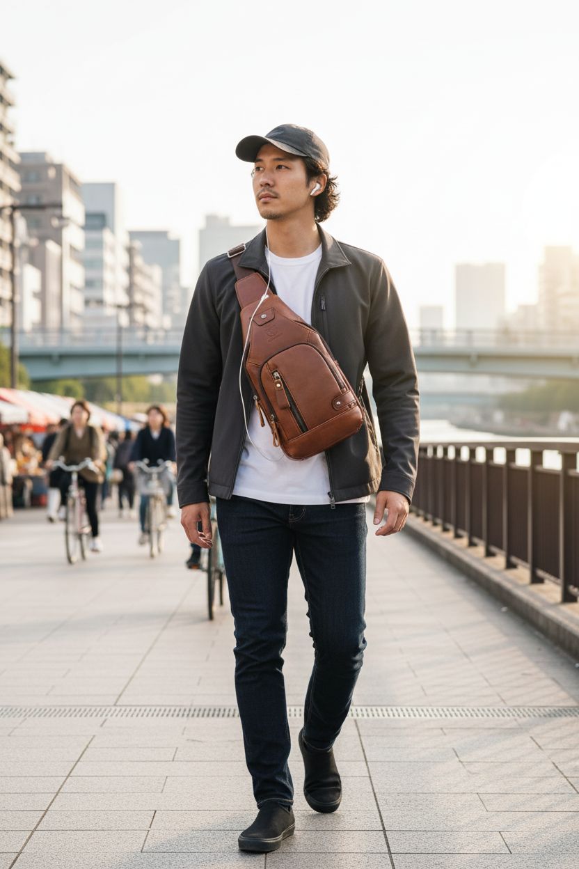 BULLCAPTAIN brown leather chest bag worn cross-body in a sunny urban market