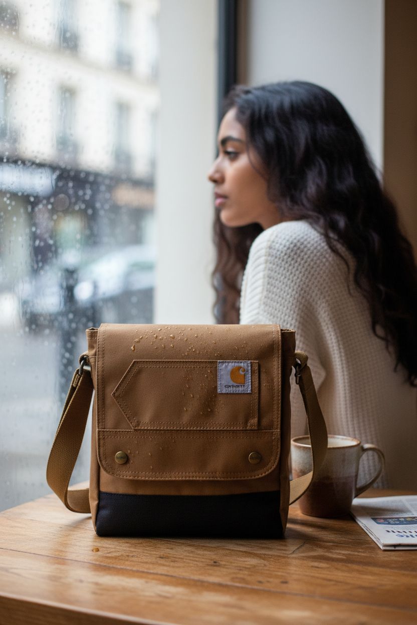 Carhartt Brown bag resting on a table in a cozy coffee shop, capturing a relaxed vibe.