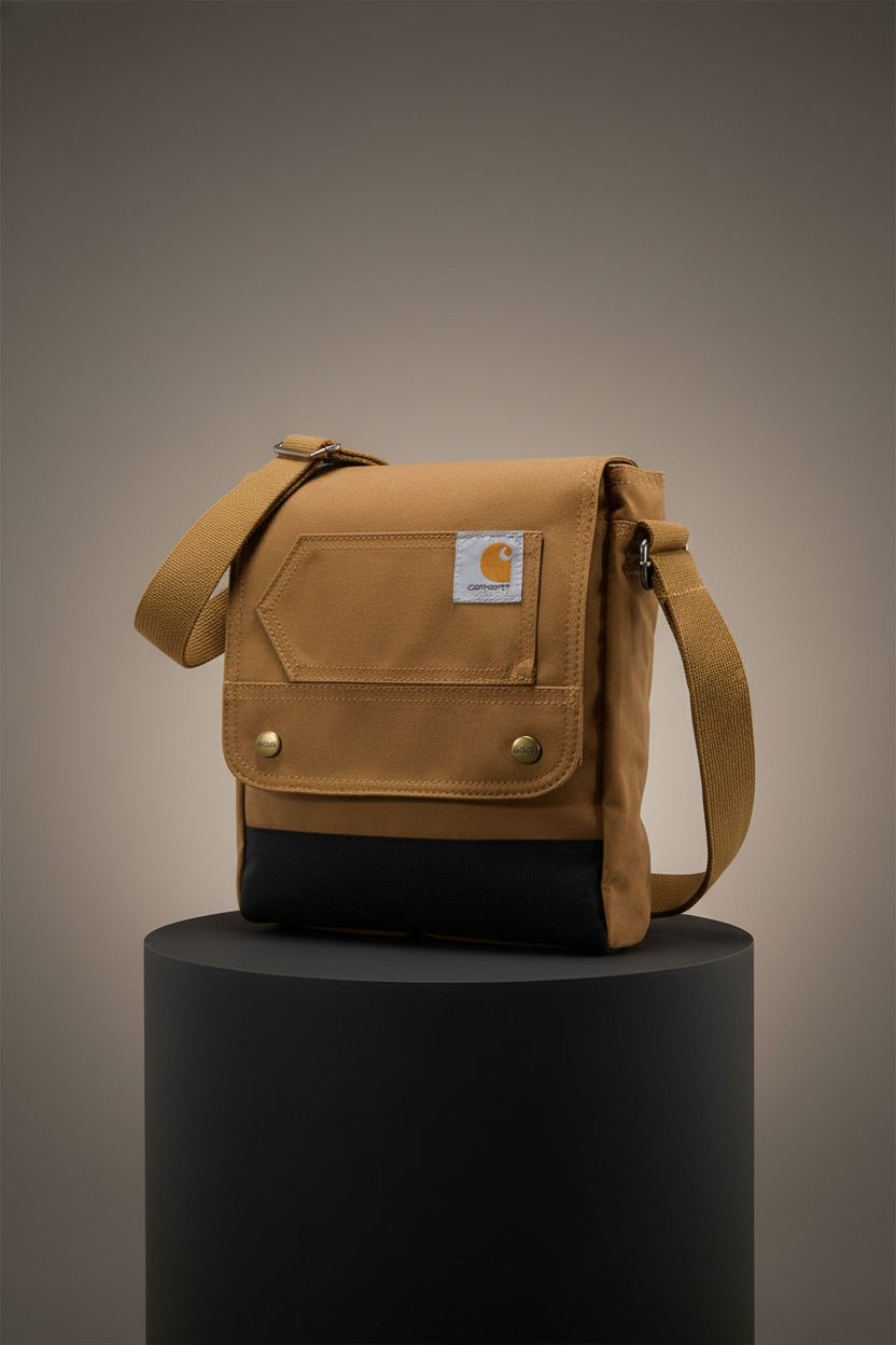 Close-up of Carhartt Brown crossbody bag showcasing its quality stitching and design features.