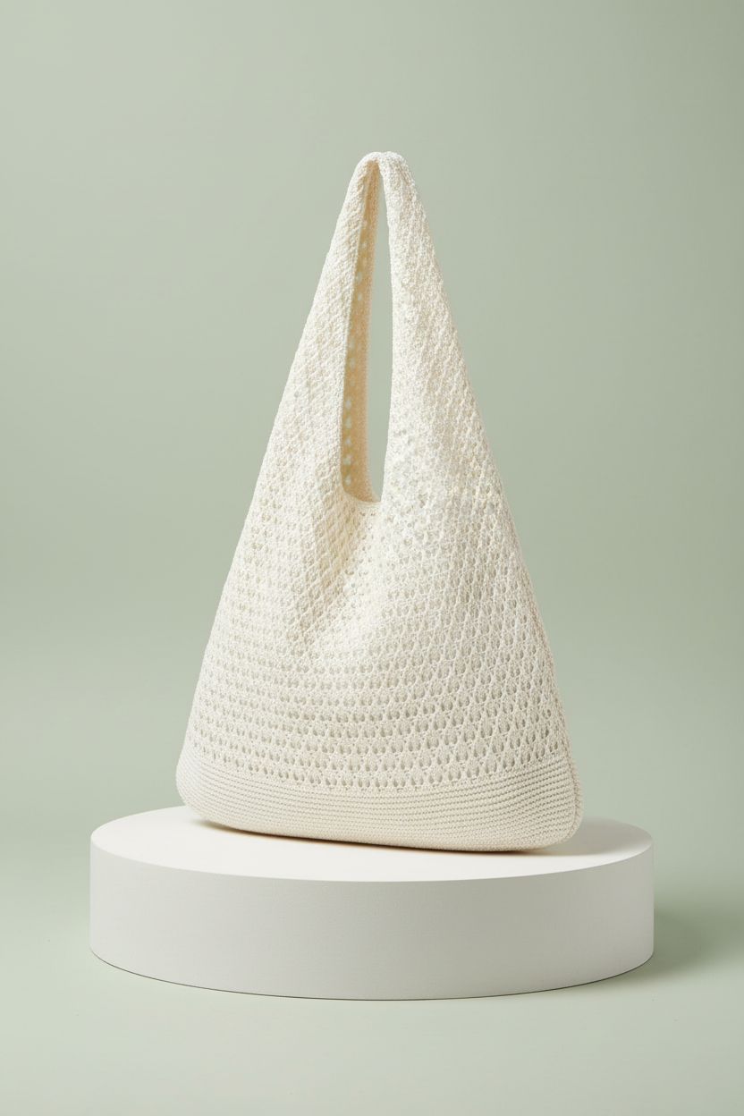 WantGor crochet bag displayed in a studio, highlighting its stylish design and strap.