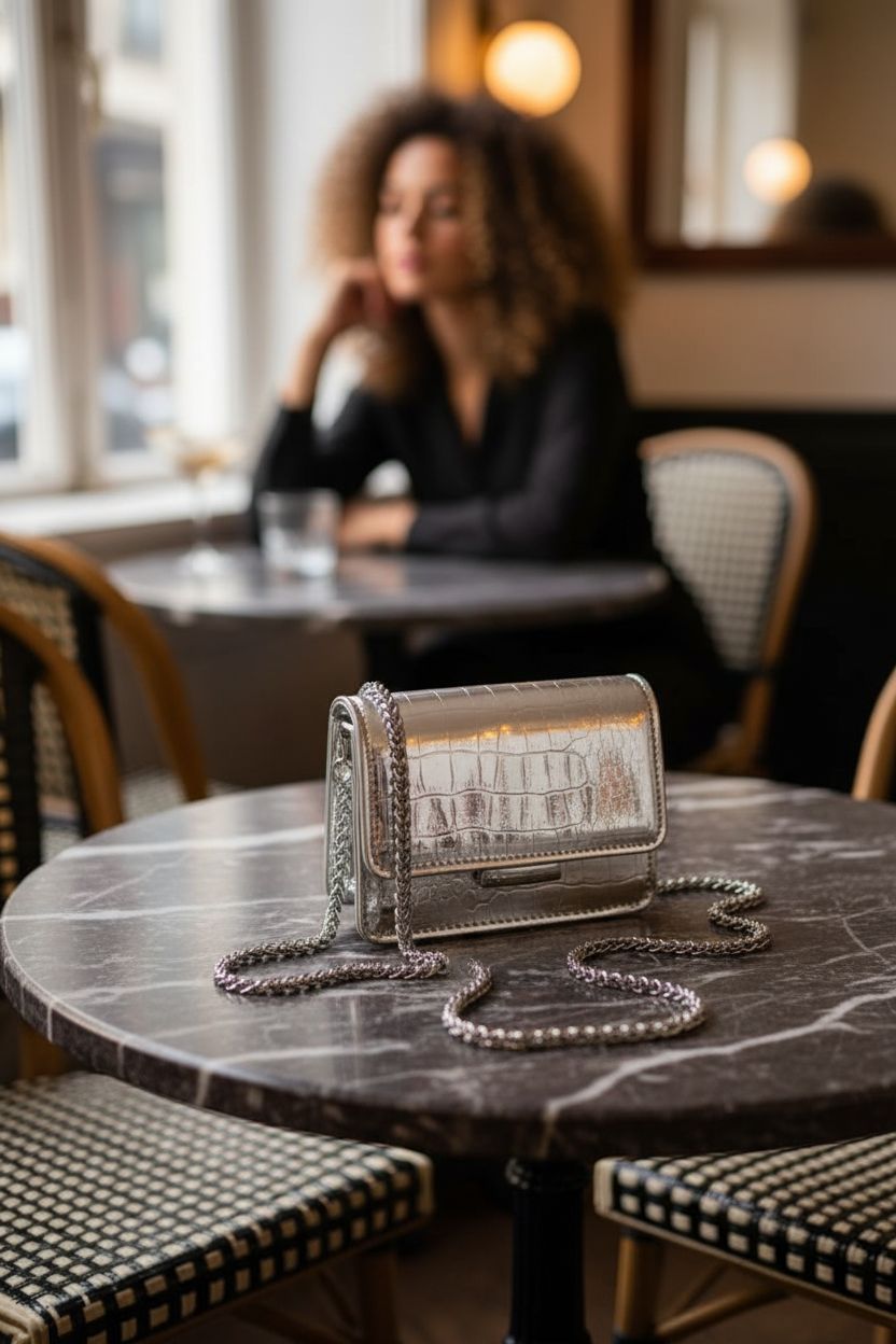 Elegant silver mini bag by Anytiger rests on marble table, capturing cozy ambiance.