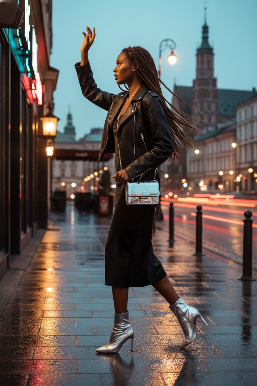 Silver mini purse by Anytiger shines in vibrant nightlife, perfect for parties.