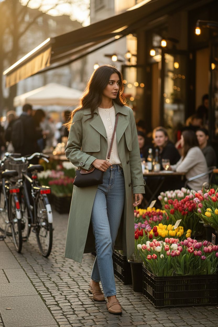 Fashion Mini Crossbody Bag by SANIKAWA in black with brown flap, styled at a market.