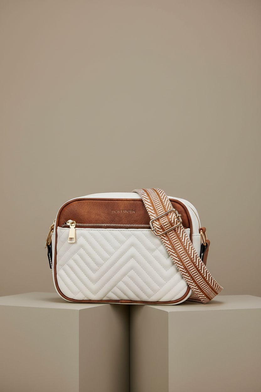 BOSTANTEN small shoulder handbag in beige and brown, highlighting its intricate details and design.