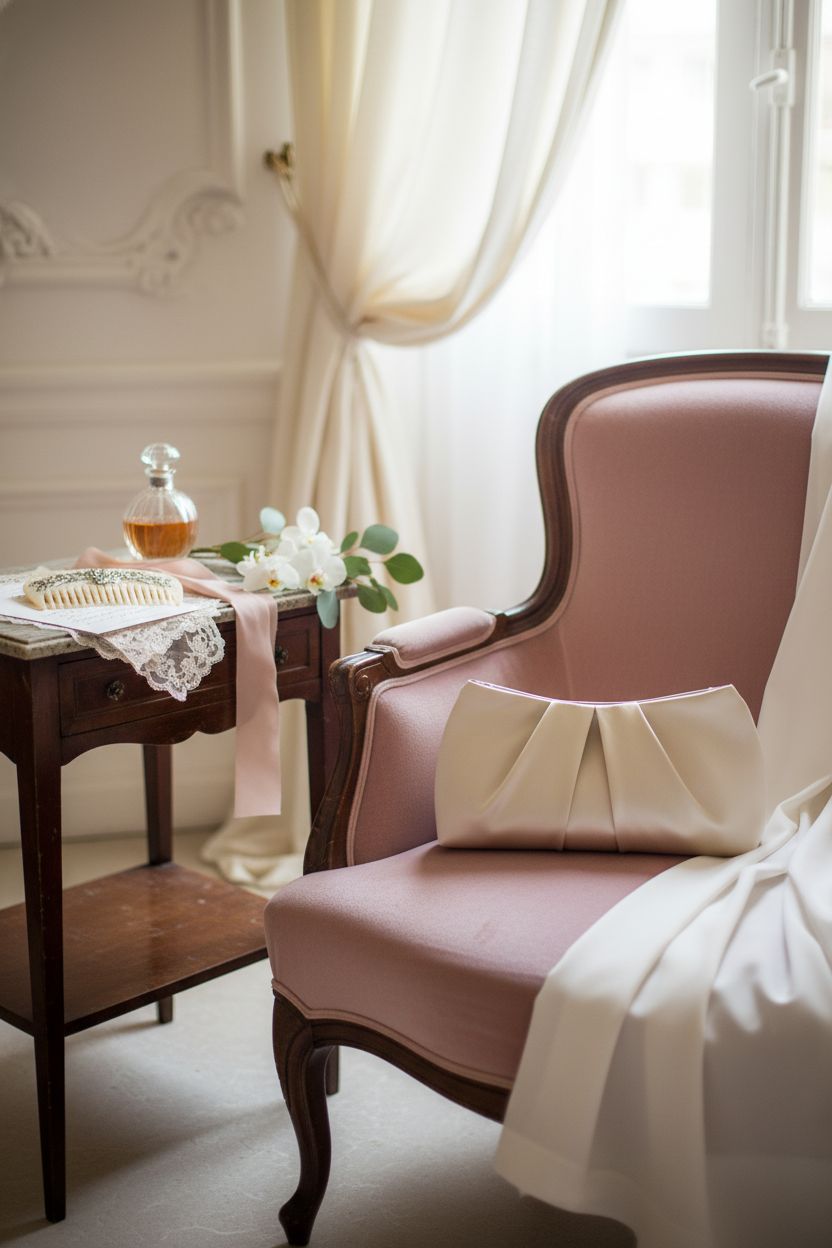 FLAIRFOLIO champagne clutch elegantly displayed in a vintage bridal suite
