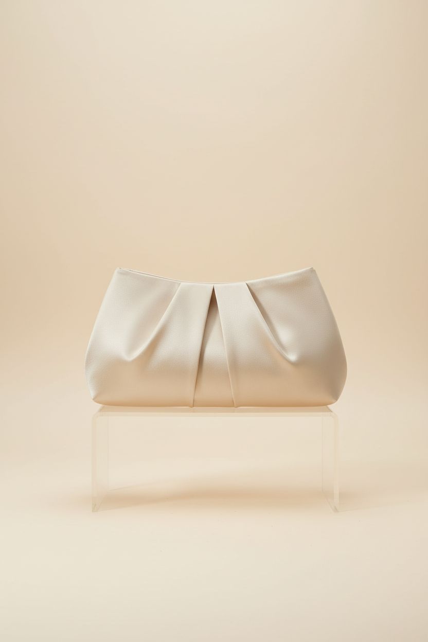 FLAIRFOLIO champagne clutch showcasing pleats and clean silhouette, ideal for evening events