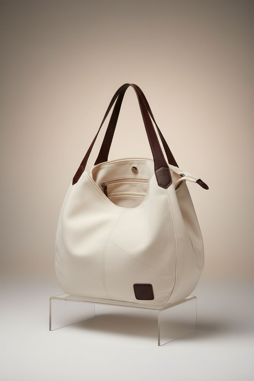 DOURR Women's beige multi-compartment purse on a studio set, highlighting its spacious design.