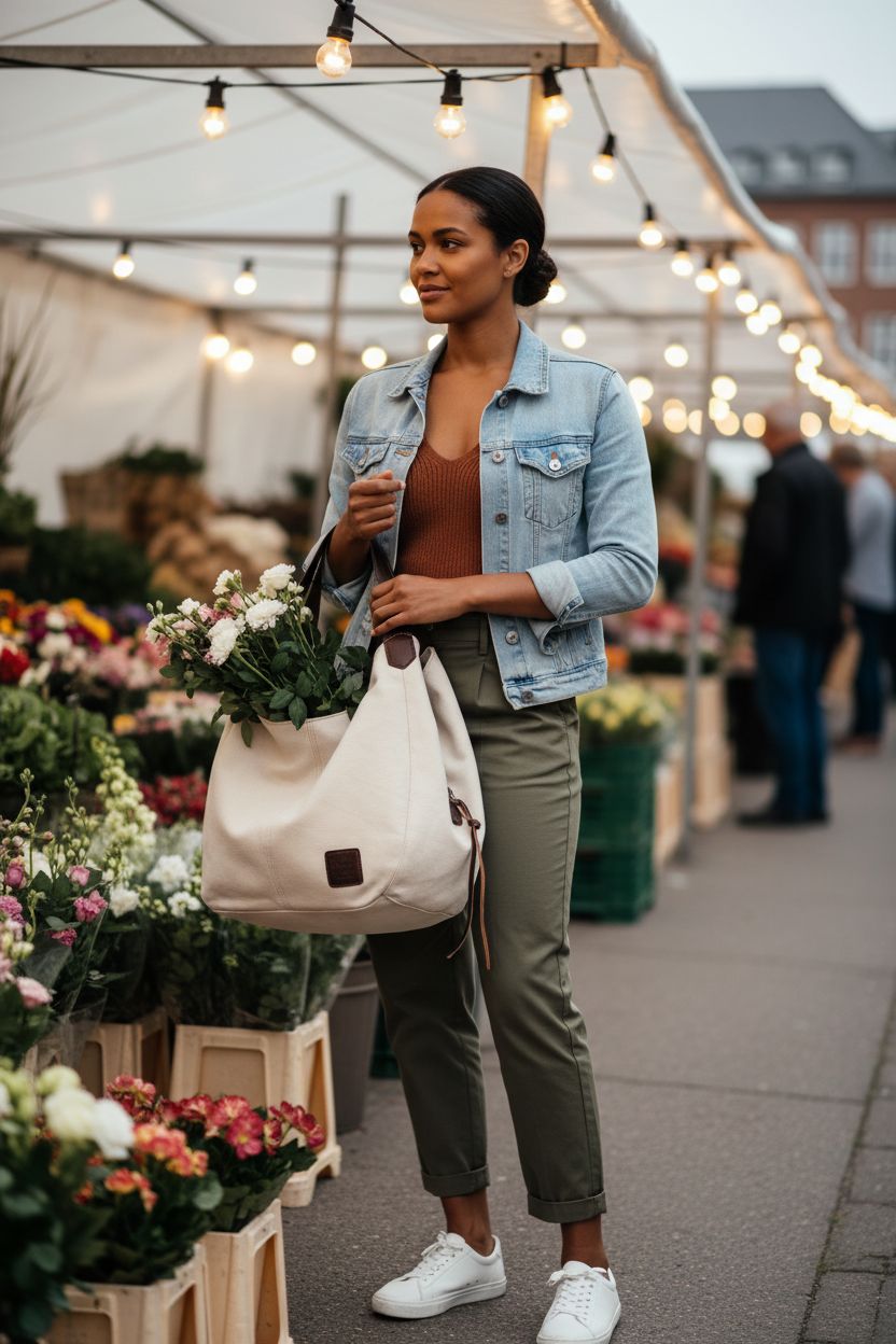 Beige DOURR multi-compartment tote bag at a farmers' market, featuring dark brown straps.