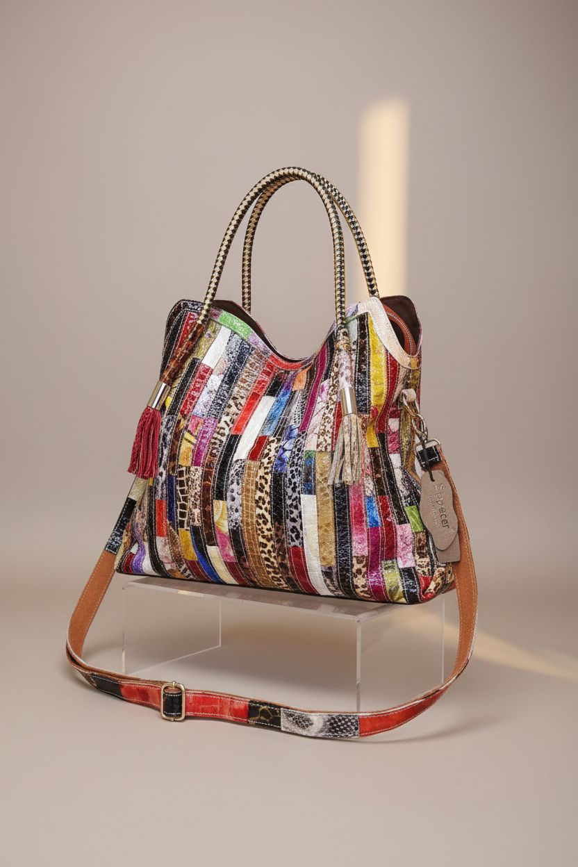 Segater multicolor handbag on a clean studio backdrop, highlighting its structure and vibrant patchwork.