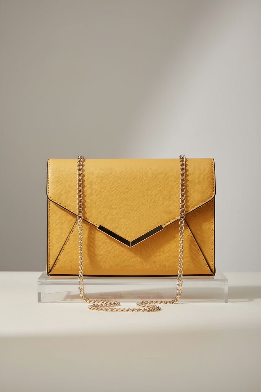 Close-up of KKXIU mustard yellow faux leather envelope clutch with detailed stitching and chain