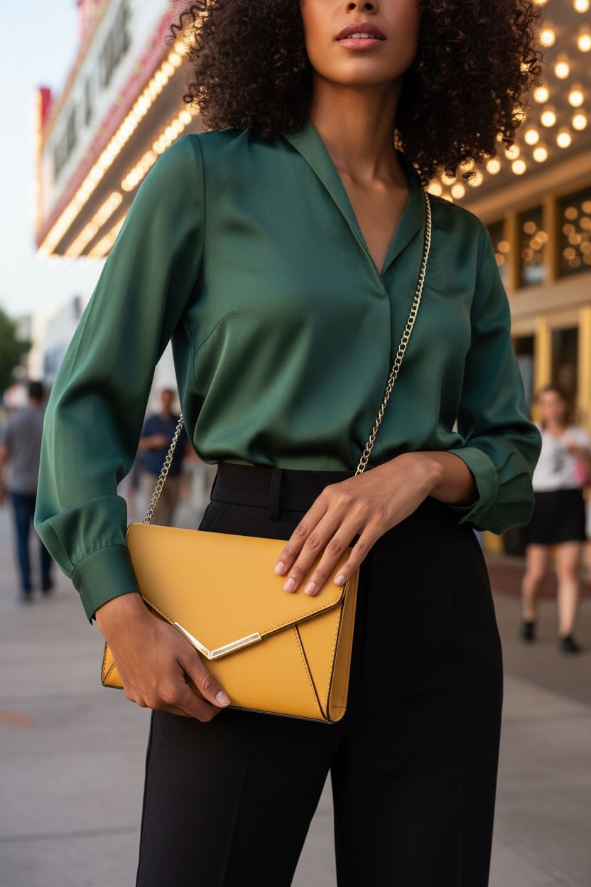KKXIU mustard yellow faux leather clutch purse with saffiano texture under theater marquee glow